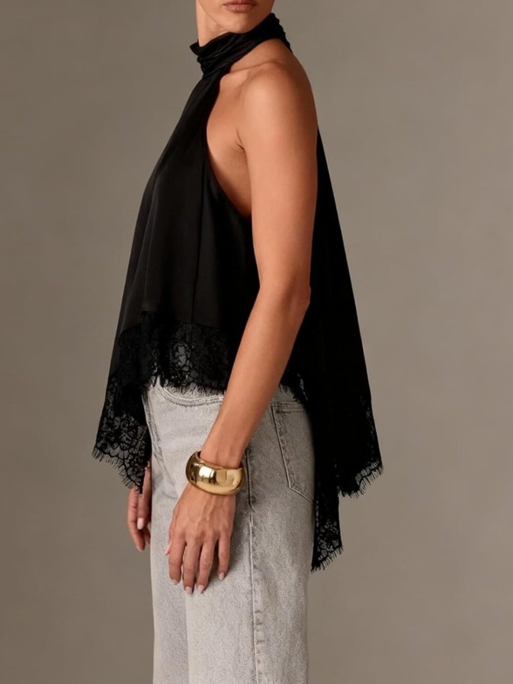 Women Satin Halter Top Y2K Mock Neck Lace Trim Asymmetrical Hem Tank Top Sleevel - Picture 3 of 4